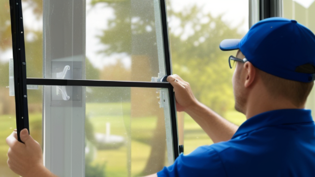 Insektenschutzmontage : Ein Mitarbeiter installiert ein Fliegengitter am Fenster. Lauer maler & raumdesign - Bodenbeläge, Vinylboden, Farben, Sonnenschutz, Malerarbeiten - Bahnhofstr. 5a - 36280 Oberaula