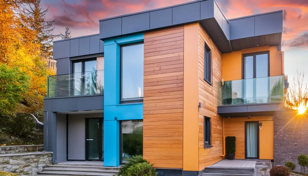 Modernes zweistöckiges Haus mit Flachdach, großen Fenstern und einer Mischung aus Holz, Stein und blauen Paneelen an der Außenseite. Die Kunstfertigkeit von Maler Lauer hebt das Design hervor. Im Hintergrund geht die Sonne unter. - Boden Pelzer -Bodenbeläge, Vinylbelag, Parkett - Moselstr. 14 - 41464 Neuss